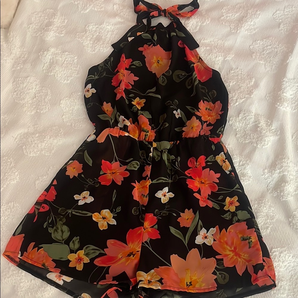 Floral Halter women’s Romper - Black and Orange
